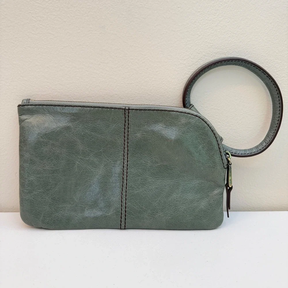 Hobo Sage Green Leather Circle Handle Wristlet Clutch Bag Purse Boho Coastal